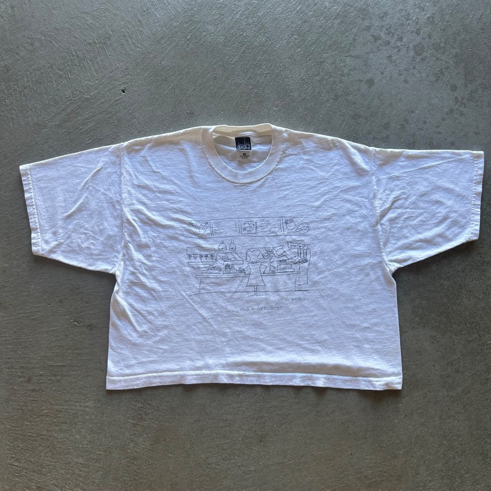 Vintage 90s Doodles Shirt Size XL Cropped White 1999 And A Diet Soda Cartoon Art